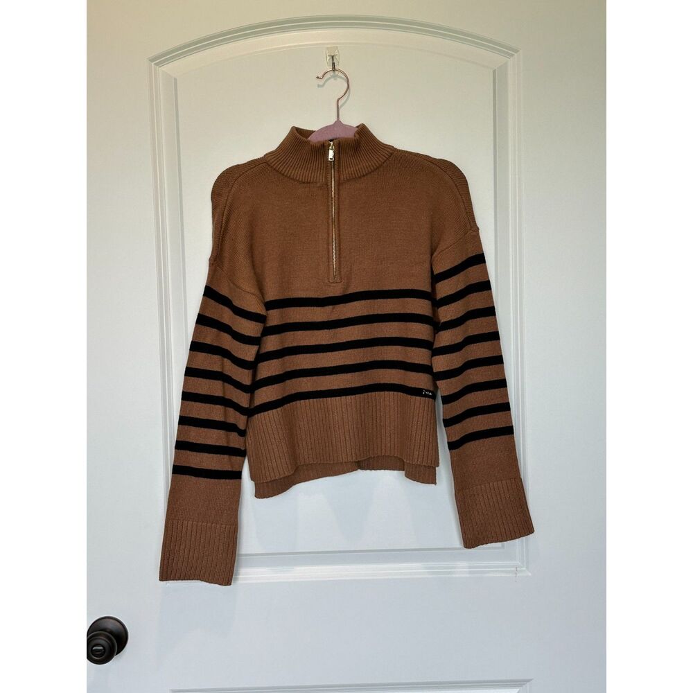 NWT DKNY Quarter Zip Brown Black Stripe Sweater Size XS
